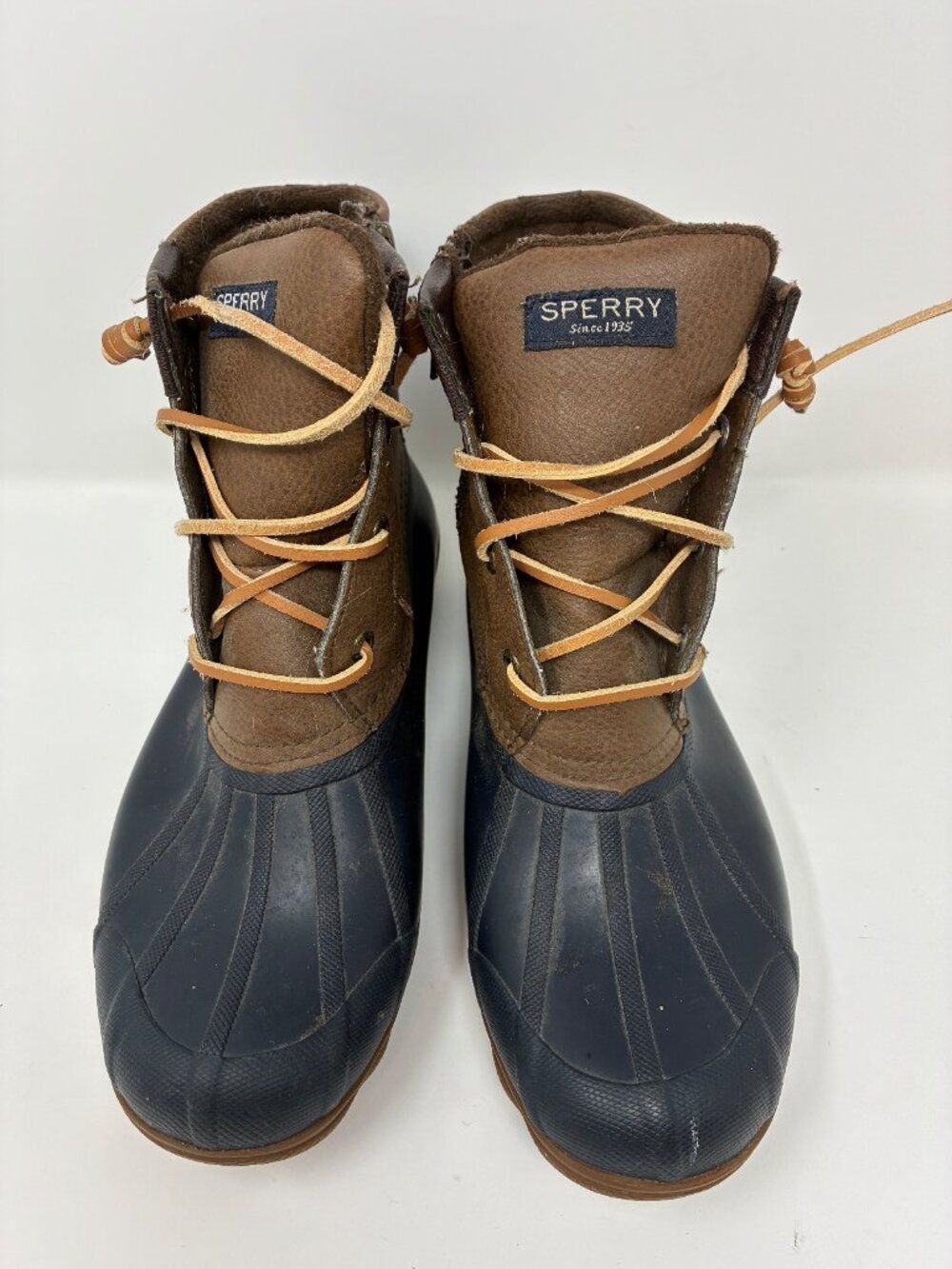 Sperry Women’s 7M Waterproof Duck Boots Brown Leather Navy Rubber Rain  Preppy